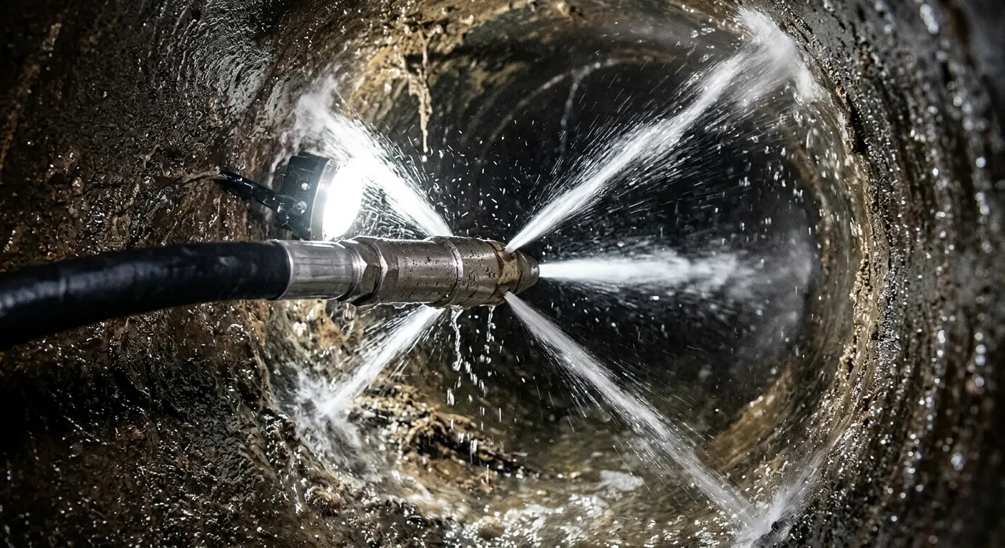 High-pressure hydro jetting nozzle cleaning sewer pipe for Sewer Cleanout in Oxford