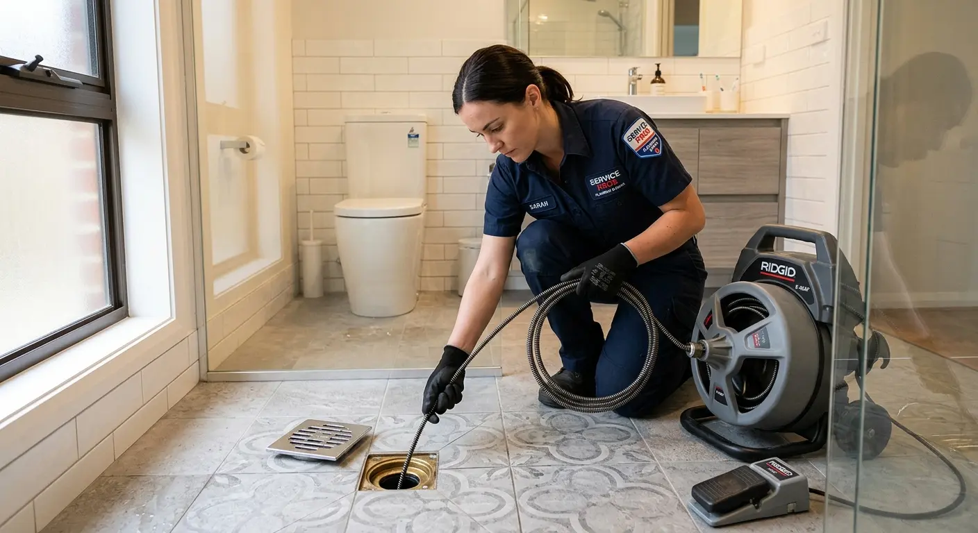Technician clearing a bathroom floor drain for Hydro Jetting in Oxford